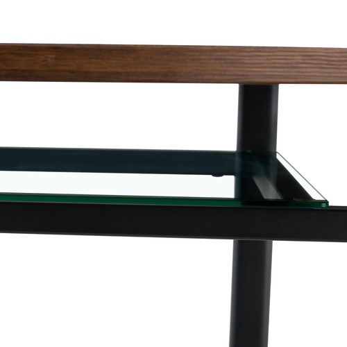 Table ronde à décor de bois marron avec plateau en verre au centre, structure en métal et - Photo 3/7
