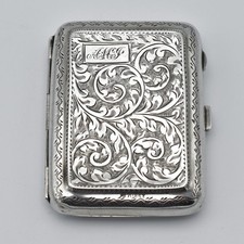 Antique Sterling Silver Cigarette Case 1924 Patterned Acanthus Scroll Engraved