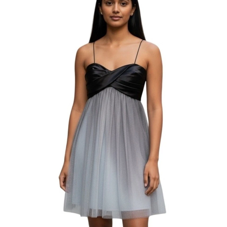 Xscape Joanna Chen Black Silver Ombre Glitter Tulle Empire Waist Mini Dress 14 - image 1 of 4
