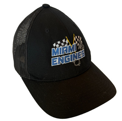 YUPOONG MIAMI ENGINES AUTO RACING FLAGS MESH TRUCKER SNAPBACK CAP HAT BLACK MENS