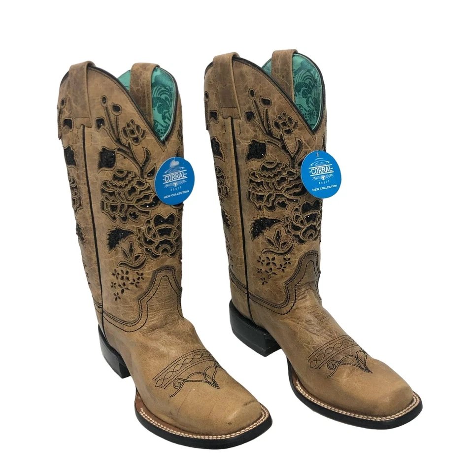 Botas vaqueras Corral para mujer de cuero arena con incrustación de brillo negro talla 7 Foto 2 de 4