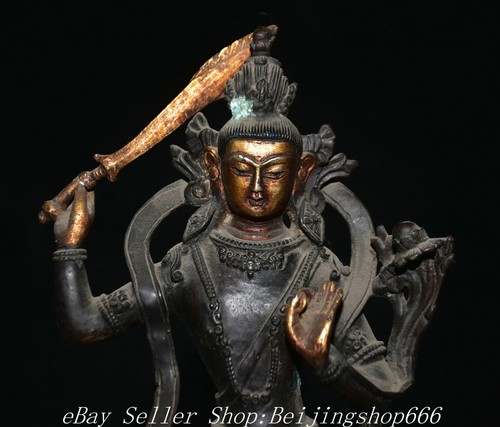 10" Old Tibet Tibetan Purple Bronze Gilt Wenshu Kwan-yin Guan Yin Statue - Picture 2 of 13
