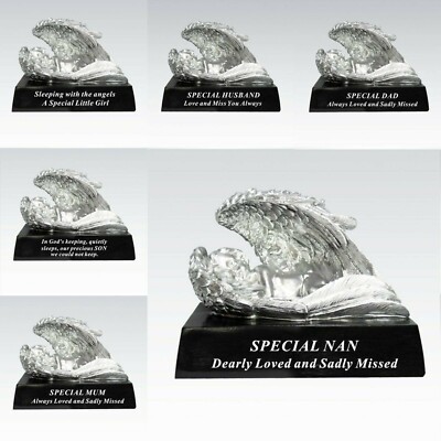 Schwarz & Silber schlafende Cherub Flügel auf Sockel Grabschmuck Denkmal Hommage
