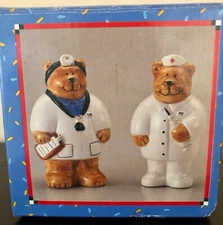 Vintage Coco Dowley Doctor and Nurse Bears Salt & Pepper Shakers, New in Box