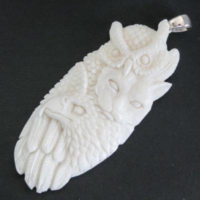 925 Silber Eule Wildkatze Adler Eule Totem Bison Knochen Schnitzerei Sterling Anhänger, 3''
