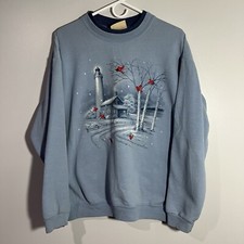 Vintage Top Stitch Morning Sun Cardinal Winter Snow Blue Sweater Womens XL