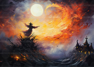 Hexe Kunstdruck Fantasy Feuer Mond Magie Gothic Gemälde Spukhaus M38