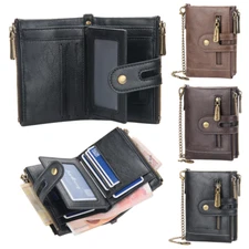 Mens Leather Short Wallet with Multiple Card Slots Double Zipper Change Coin Bag