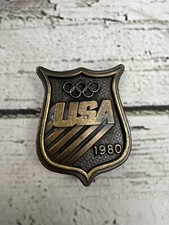 Vintage 1980 United States USA Olympic Bergamot Brass Works Metal Belt Buckle