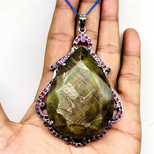 94.20 Gms Certified Natural Unheated Sapphire Ruby 925 Sterling Silver Pendant - 第 1/8 張圖片