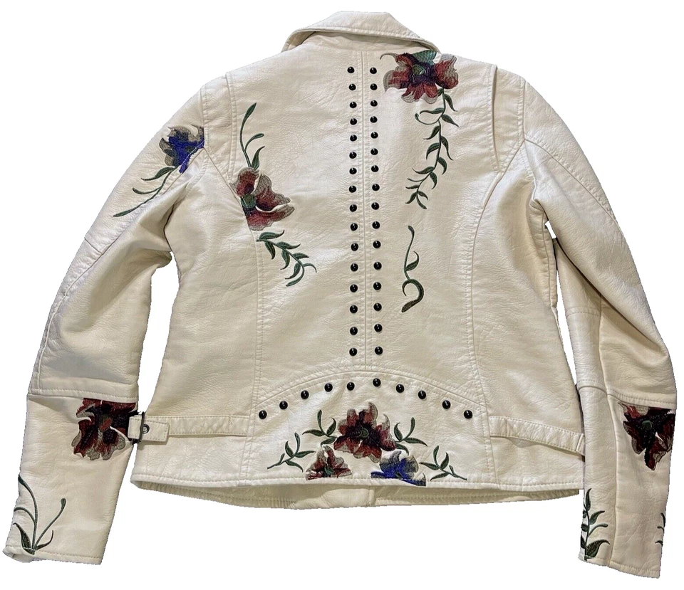 Colleen Lopez Faux Leather Jacket Embroidered Zip Details Size Small  - Image 3 of 4