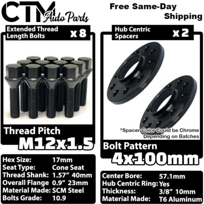 2x 10mm Thick 4x100 57.1mm CB Wheel Spacer Set Black 12x1.5 Bolt Fit BMW E30/21