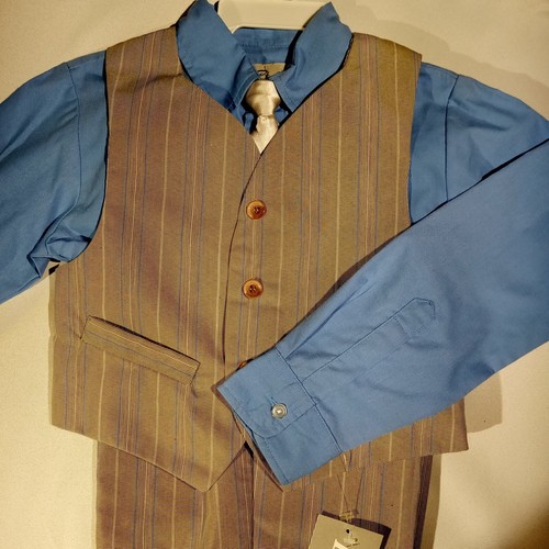 Set 4 pezzi ragazzo taglia 4 camicia canotta cravatta vestito pantaloni grigio fantasia blu nuovo con etichetta - Foto 3 di 11