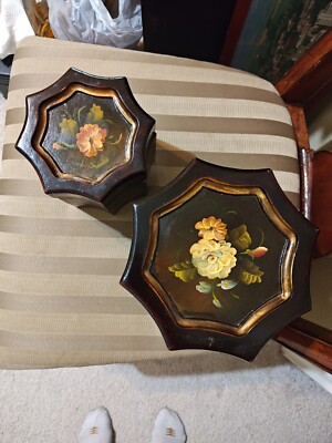 RARE FIND - Nesting Octagonal Velvet Lined Floral Hand Painted Container Set