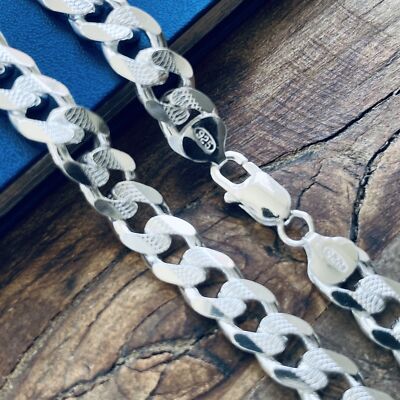 Real 925 Sterling Silver Mens Diamond Cut Curb Cuban Chain Bracelet or Necklace