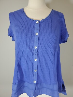 Soft Surroundings Womans Size PL Button Up Blouse Top Cotton Blue Ruffle Bottom 