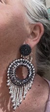 HANDMADE REAL STATEMENT EARRINGS IRRADESCENT BLACK BEADS AND SILVER SPARKLE HOOP