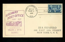 US Postal History #947 HPO First Trip 5/12/1950 Stockton & Fresno CA 