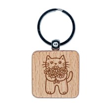 Cat Holding Flowers Engraved Wood Square Keychain Tag Charm