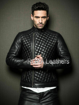 NEW Men Genuine Lambskin Real Leather Jacket Biker Club Wear Quilted Black  Coat