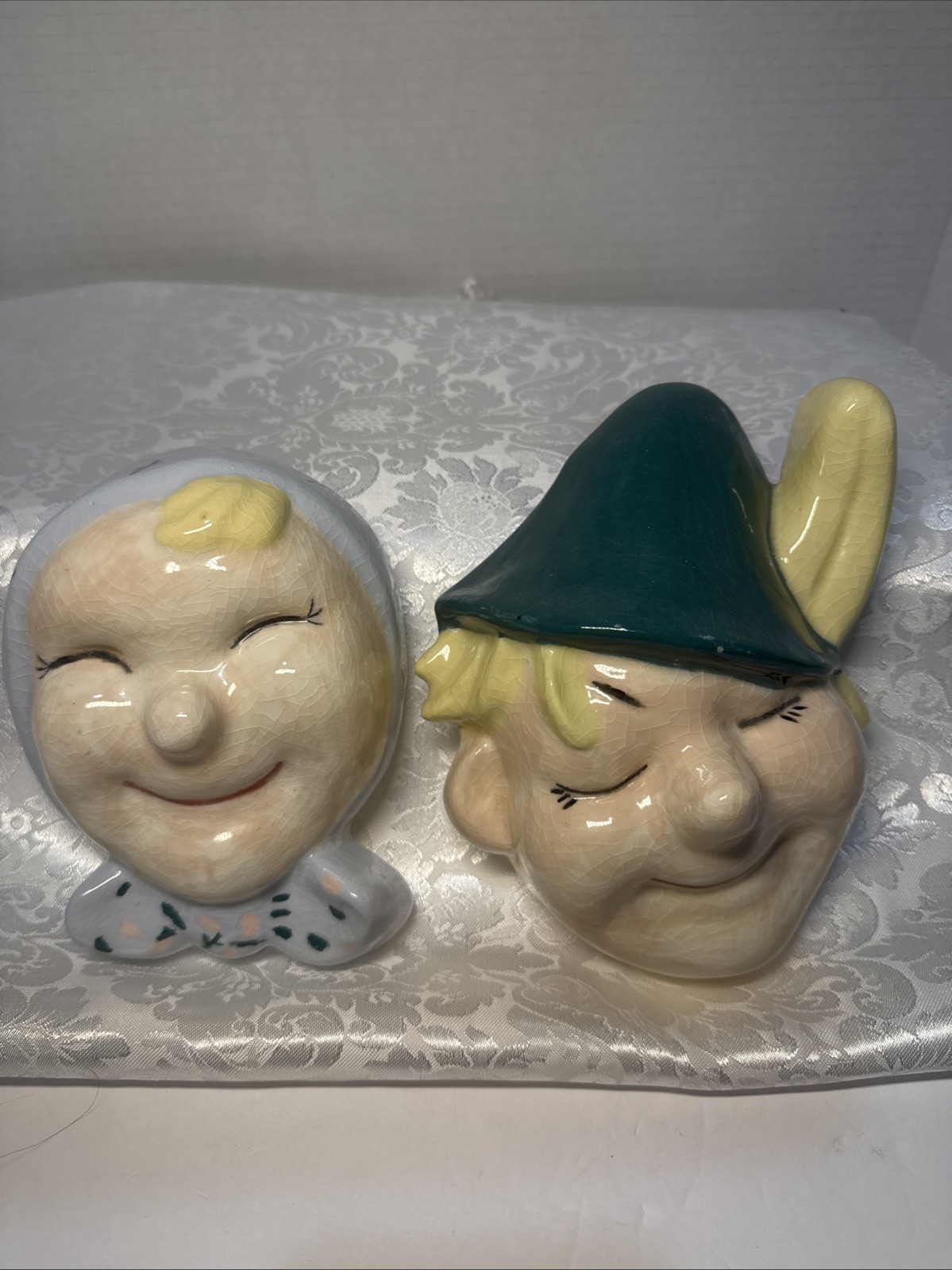 2 Vintage Ceramic Folk Art Gemma Taccogna Lady Head Planter Vases Wall Pocket 9