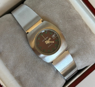 1970's Vintage Louis Rossel Watch Ladies Red Dial Green Stones Automatic 28mm