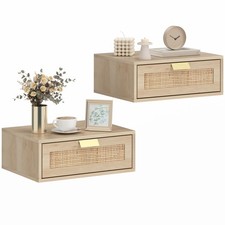 HOMCOM Floating Bedside Tables Set of 2, Boho Nightstands with Rattan Drawer