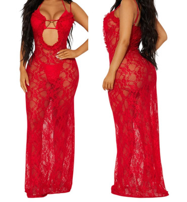 FASHION NOVA V-Neck Ruffled Cut-Out Lace Swimwear Cover-Up Maxi Dress 2X Red NWT