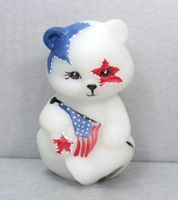 RARE Vtg FENTON Satin Patriotic Flag Sitting BEAR Art Glass Artist Signed White