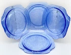 Set 4 Blue Federal Depression Glass 10 1/4" Dinner Plates Madrid Pattern Square