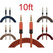 10ft AUX Cable Jack Gold Plug Audio Wire Extra Long Cord Universal 3.5mm Braided