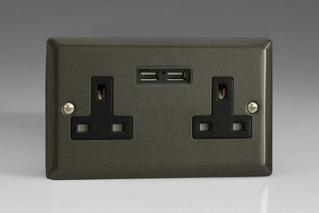 13A Socket Black + USB 2-Gang Classic Graphite 21 Insert Varilight XP5U2B
