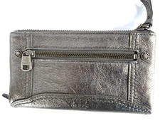 The Sak Wallet Woman's Leather Metallic Silver Snap Clutch Purse Organizer, EUC