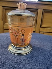 Vintage Chance Glass Spiderweb Pickle Jar  Handpainted Japanese  Oriental Design