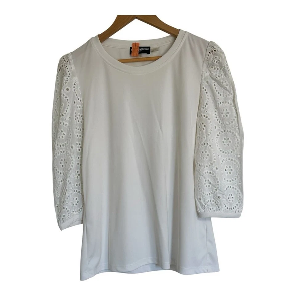 Karl Lagerfield White Lace Sleeve Top M - Image 2 of 4