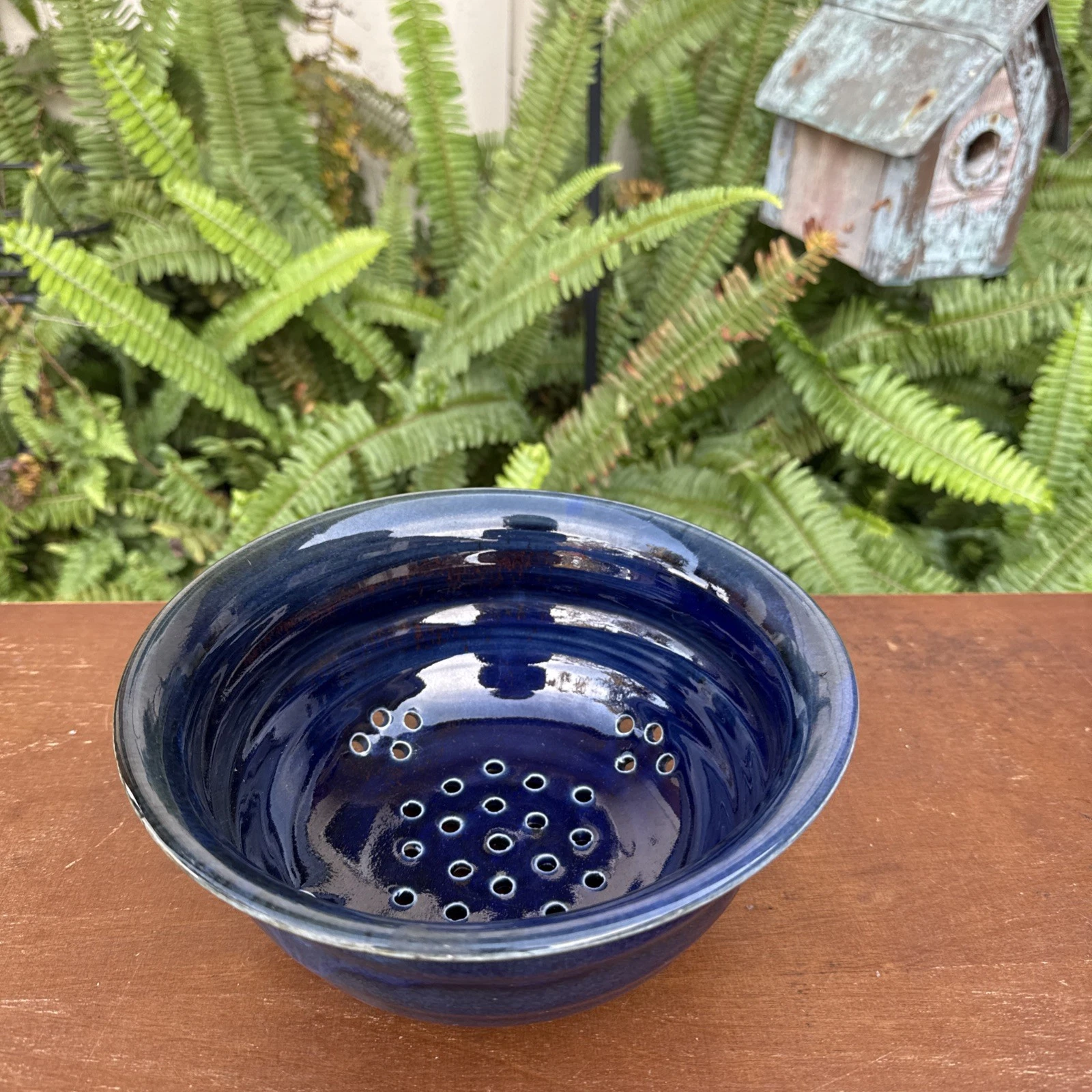 Studio Art Pottery Berry Bowl Colander Strainer Signed Blue