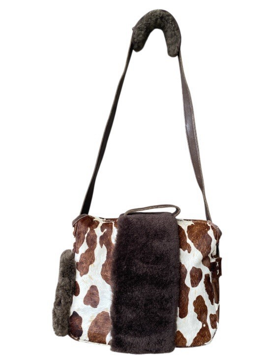 Vintage Rare ULA Handbag  Crossbody Shoulder in Brown and Cream Cow Hide Leather image 10