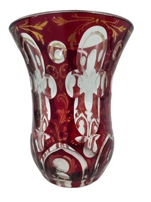 Antique Czech Bohemian Ruby Clear Overlay Cut Hand Painted Gold Gilt 4.5'' Vase
