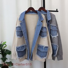 Women's Denim Patchwork Sweater Coat Loose Jacket Casual Knitwear Cardigan