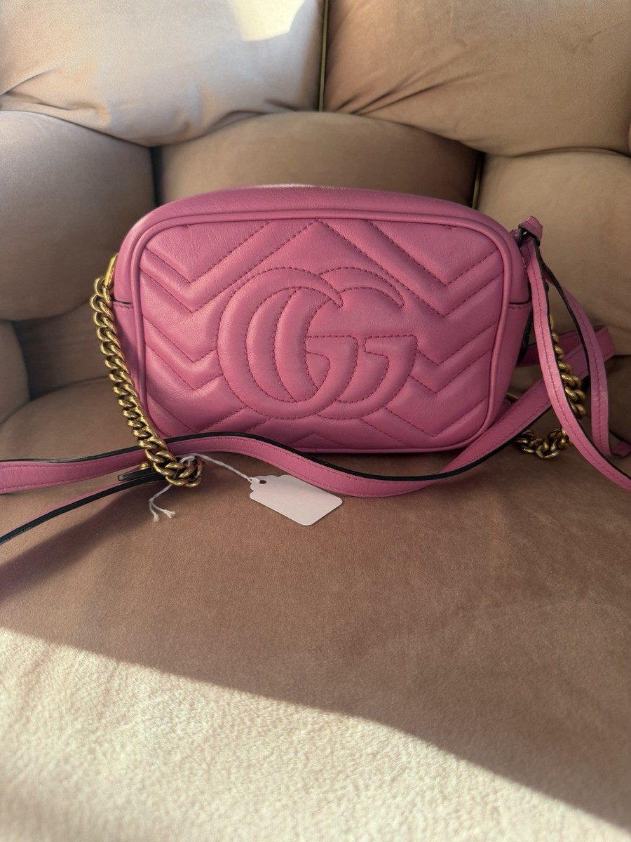 Gucci GG Marmont Mini Camera Bag Pink Matelassé Leather Crossbody