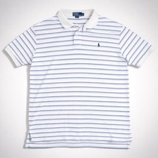 Polo Ralph Lauren Polo Shirt Mens XL White Blue Striped Short Sleeve Navy Pony