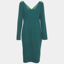 Dolce Gabbana Green Crepe Crystal Embellished Knee Length Dress L