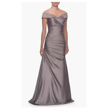 La Femme Womens Off the Shoulder Ruched Satin Trumpet Gown Platinum Size 12