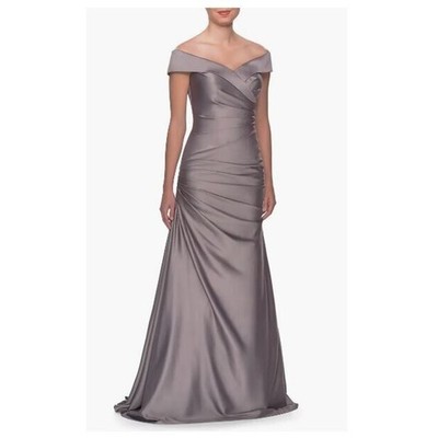 La Femme Womens Off the Shoulder Ruched Satin Trumpet Gown Platinum Size 12