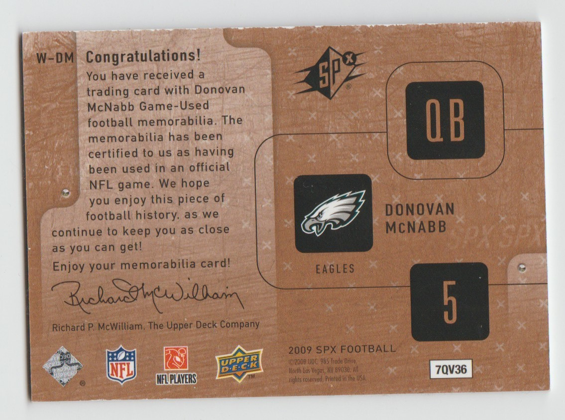DONOVAN McNABB Eagles 2009 SPx Winning Materials DUAL GAME-USED Jersey Card /99 view 2