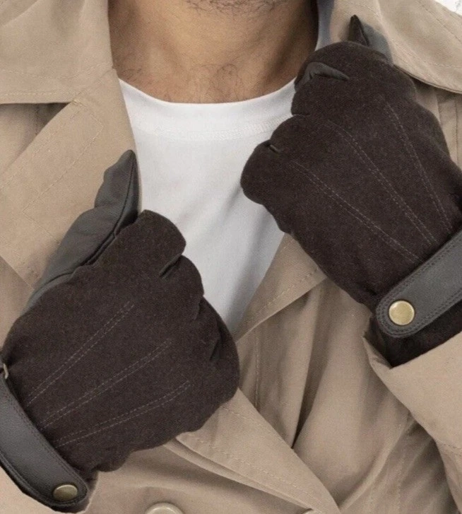 Isotoner $90 Men's SmarTouch Flannel & Leather Brown Lined Gloves Sz: Medium