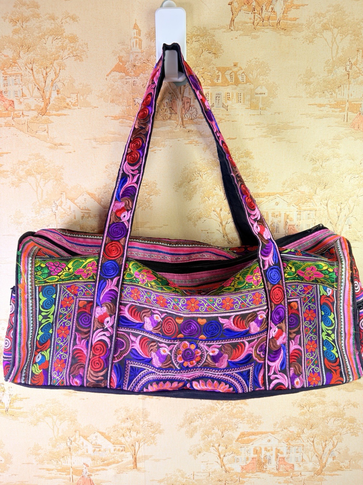 Large Colorful Embroidered Tote Bag  Double Handles Zip Clos