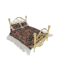Dollhouse Miniature Concord Brass Bed Gold Metal Frame Mattress Bedding