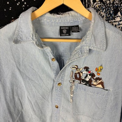 Vintage Warner Bros Looney Tunes Denim Shirt Light Wash Embroidered XL
