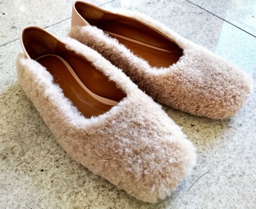 Rosetta Getty Furry Lambskin Fold-Down Heel House Slides (40)